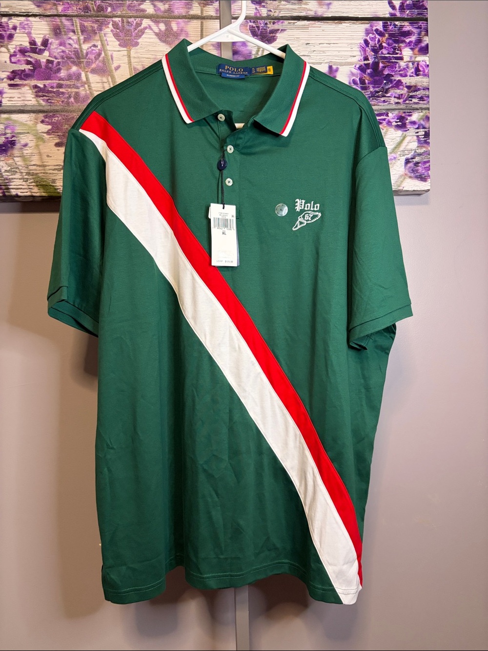 Polo by Ralph Lauren Green Polo with White and Red Diagonal Stripes winged 67